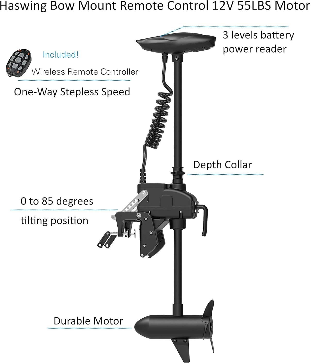 AQUOS Haswing CaymanT Transom Trolling Motor with Wireless Remote & Wireless Foot Control- 55 Lb. Thrust, 39 in. Shaft, Saltwater & Freshwater