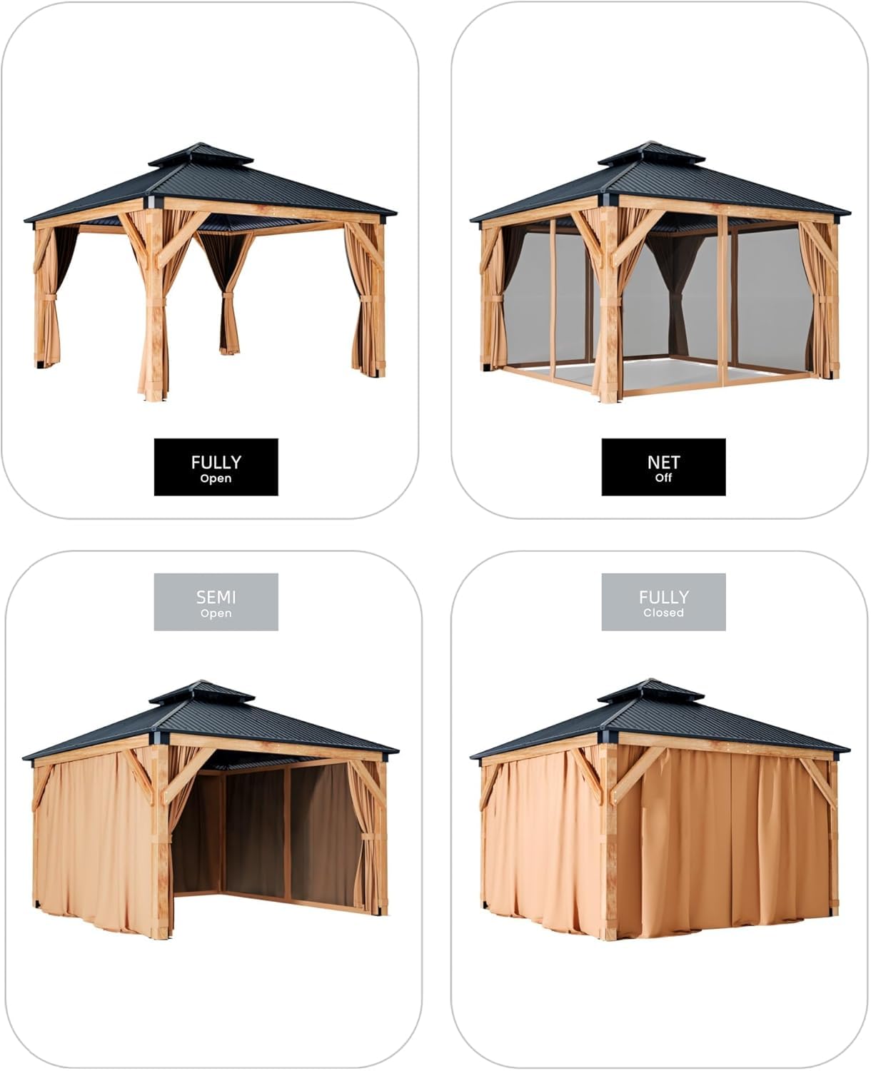 GAOMON Hardtop Spruce Wood Gazebo 10'x10', with Double Roof of Metal Sheets, 4.7'' Heavy Duty Poles, Net, and Curtain, Permanent Building for Patio, Deck, Backyard, Lawn, and Garden, Khaki
