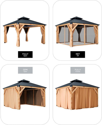 GAOMON Hardtop Spruce Wood Gazebo 10'x10', with Double Roof of Metal Sheets, 4.7'' Heavy Duty Poles, Net, and Curtain, Permanent Building for Patio, Deck, Backyard, Lawn, and Garden, Khaki