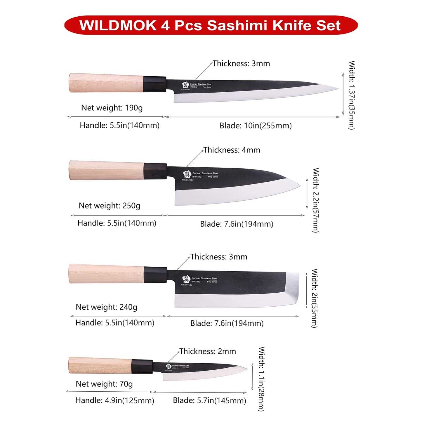 WILDMOK Set of 4 GYUTO Sushi Chef Knives-Yanagiba-Deba-Nakiri-Utility Kitchen Knife, Fish Slicing Filleting Knife Sets with German Steel Blade & Traditional Wooden Handle