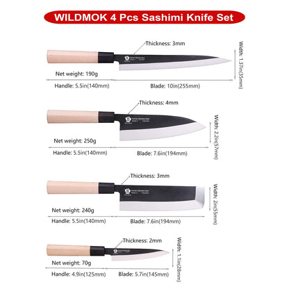 WILDMOK Set of 4 GYUTO Sushi Chef Knives-Yanagiba-Deba-Nakiri-Utility Kitchen Knife, Fish Slicing Filleting Knife Sets with German Steel Blade & Traditional Wooden Handle