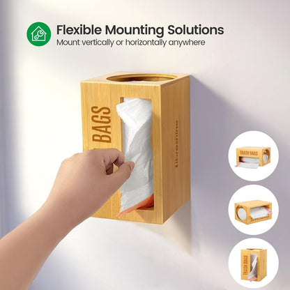 13-33 Libreshine Bamboo Garbage Bag Dispenser Roll Holder - Wall Mount Trash Bag Organizer for Gallons, Under Sink