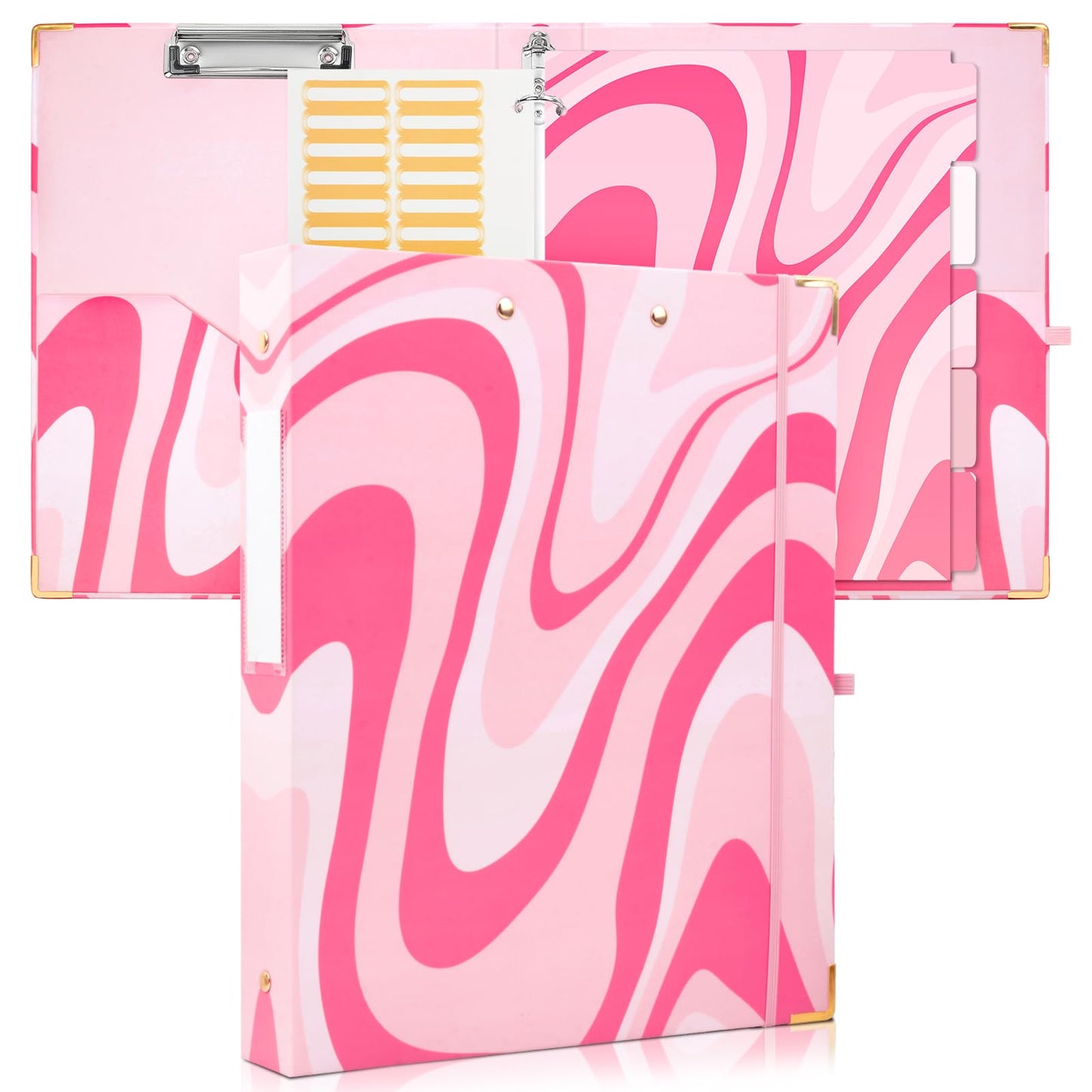 CenviaLuxy 3 Ring Binder 1 Inch Three Ring Binder Cute Binder Fits A4 Paper Decorative Clipboard Binder with 5 Tab Dividers for School Office Supplies (Pink Ripple)