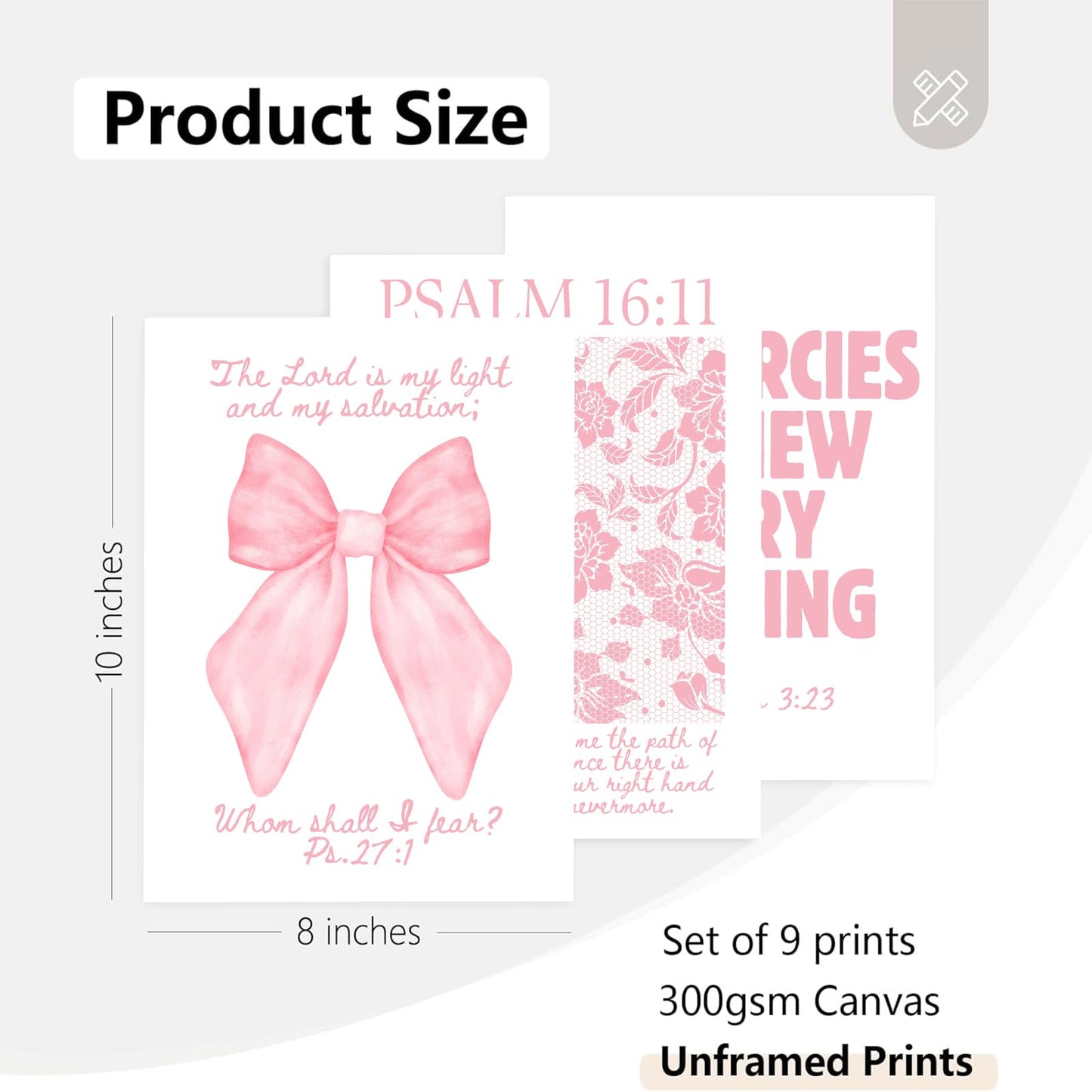 Christian Wall Art Pink Bible Verse Canvas Posters Coquette Bow Room Wall Decor Jesus Scripture Pictures Trendy Preppy Christian Floral Aesthetic Prints for Girls Bedroom 8x10xInch Set of 9 Unframed