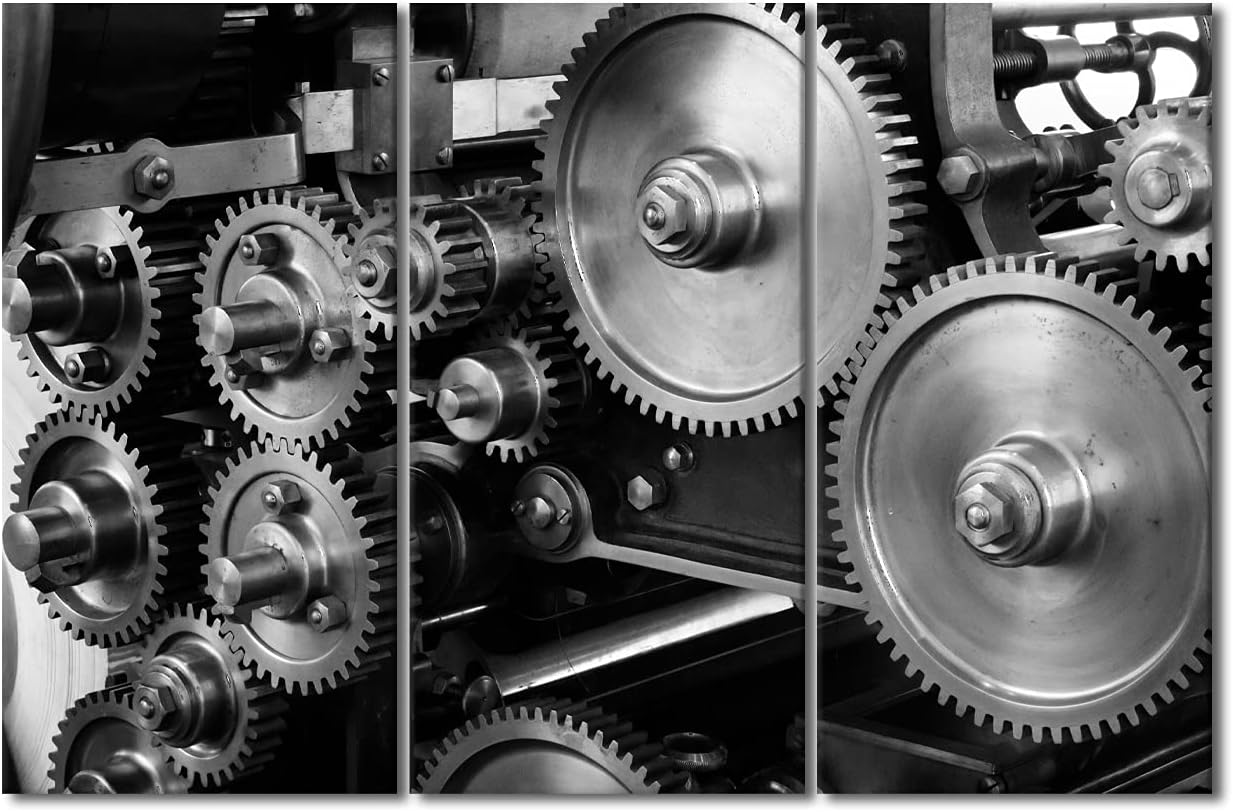 Pictures for Living Room - Black and White Gear Engine Artwork 3 Piece Canvas Prints Framed Wall Art House Decor 42"