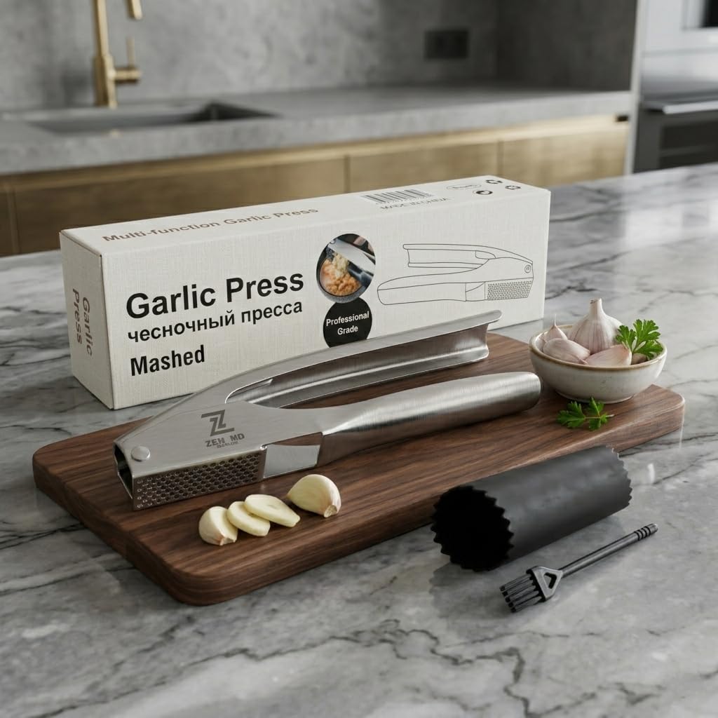 Premium Garlic Press Stainless Steel, Heavy Duty Mincer & Crusher Tool, Large Capacity Ginger Press and Masher, Easy Squeeze Presser, Rustproof Dishwasher Safe Kitchen Gadget
