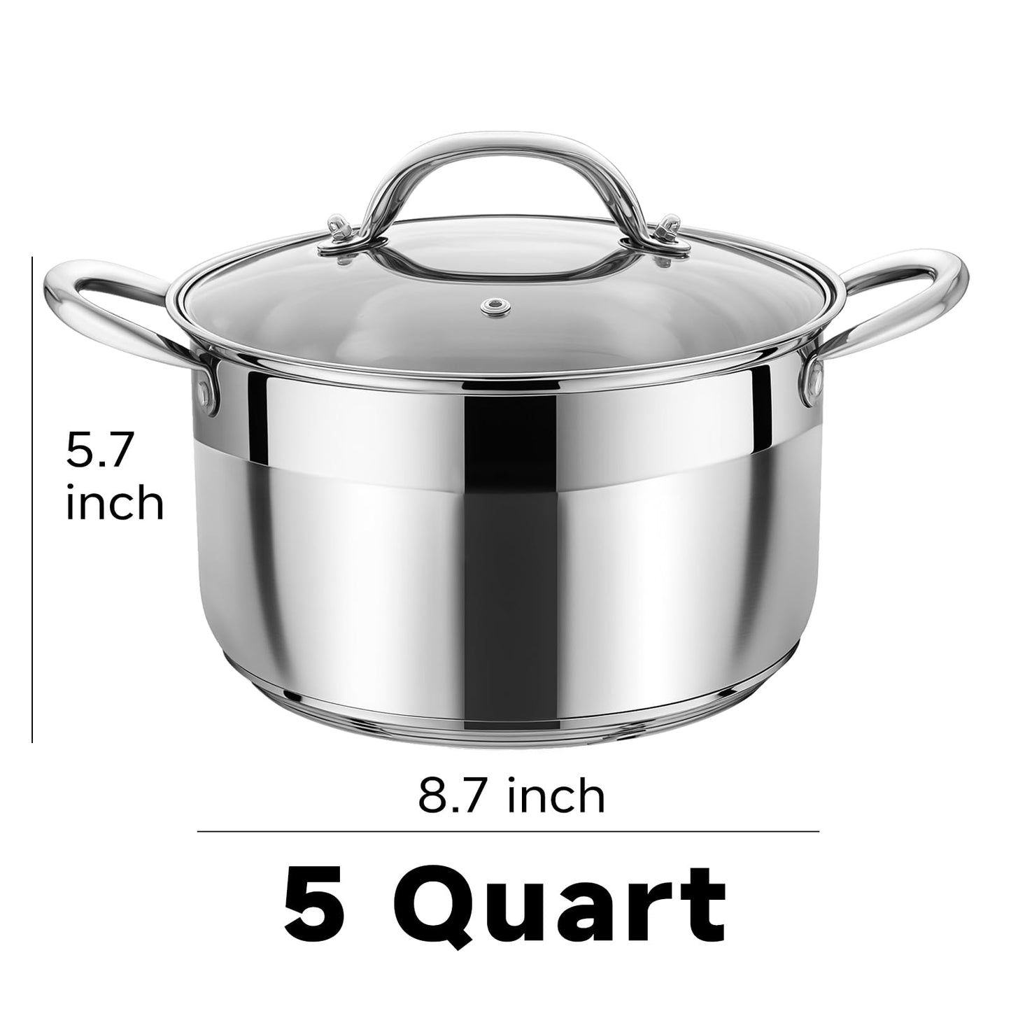 Kirecoo Stainless Steel Stock Pot - 5 Quart Heavy Duty Induction Cooking Pot with Visible Lid for Pasta, Soup, Spaghetti, Nonstick Thick Bottom Big Stockpot, Deep Cookware for Canning, Boiling, Simmer
