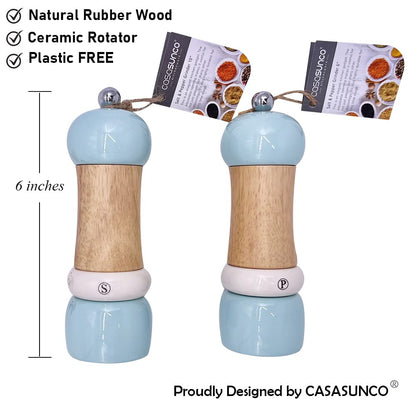 CASASUNCO Manual Salt and Pepper Grinder Set Salt & Pepper Mill Sets Wooden Salt Pepper Grinder Set Salt & Pepper Shakers Gift Set- Customized Coarseness - Ceramic Core - Blue (Set of 2, 6")