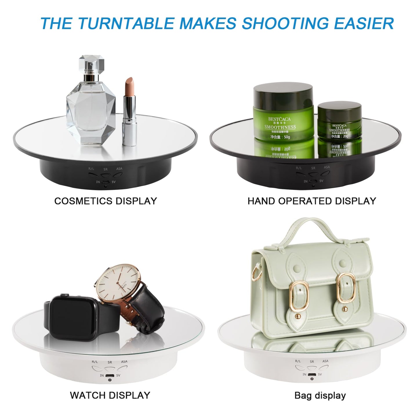 7.87'' Rotating Display Stand Motorized Rotating Display Stand, 22 lbs Load Rotating Platform with Mirror Cover, Rotating Stand with USB Charging Port, for Jewelry Photography Products 3D Model Cake