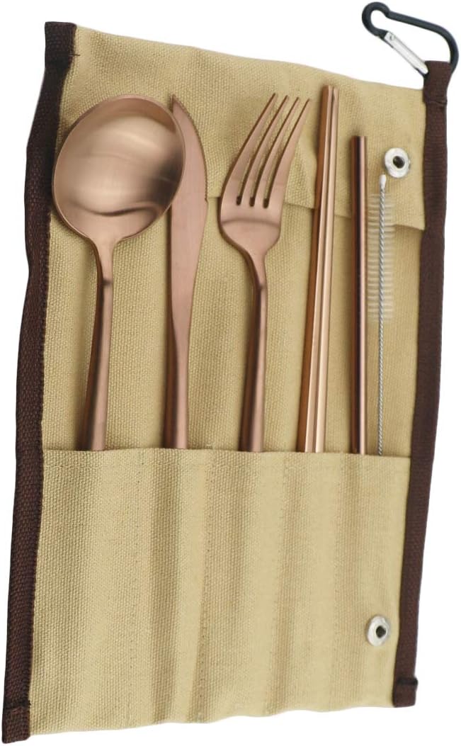 Reusable Travel Utensils, 7 Piece Portable 304 Stainless Steel Set with Pouch, Eco-friendly Camping Silverware