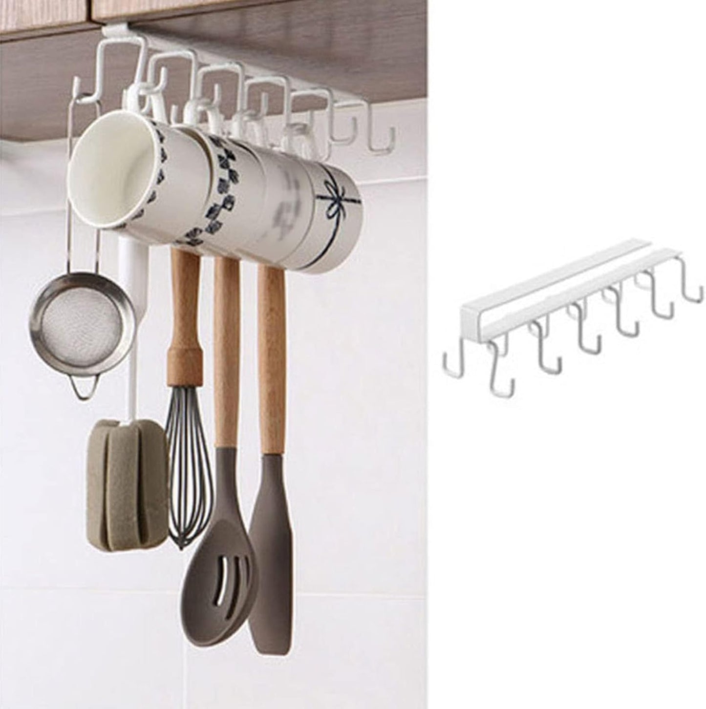 Kitchen Utensil Hanging Cups Storage Hooks with 6 Hooks, Under Cabinet Closet Cup Holder Hanger Hook Rack (White)