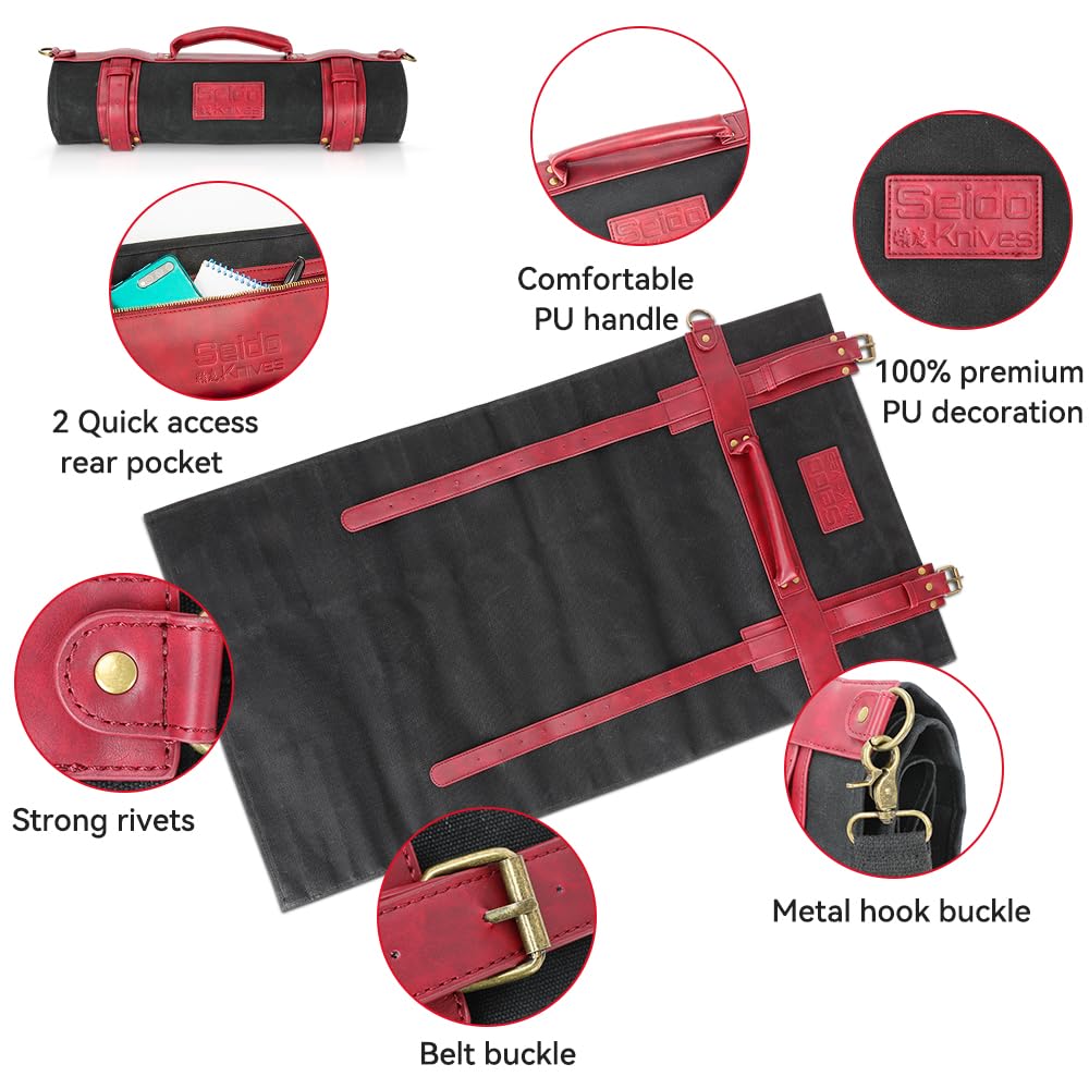 Seido Knives Professional Knife Roll Bag - Heavy Duty Canvas & Leather, Holds 18 Knives and Culinary Tools Including 12 Large Knives, with 4 Slots for Utensils and 2 Large Meat Cleavers