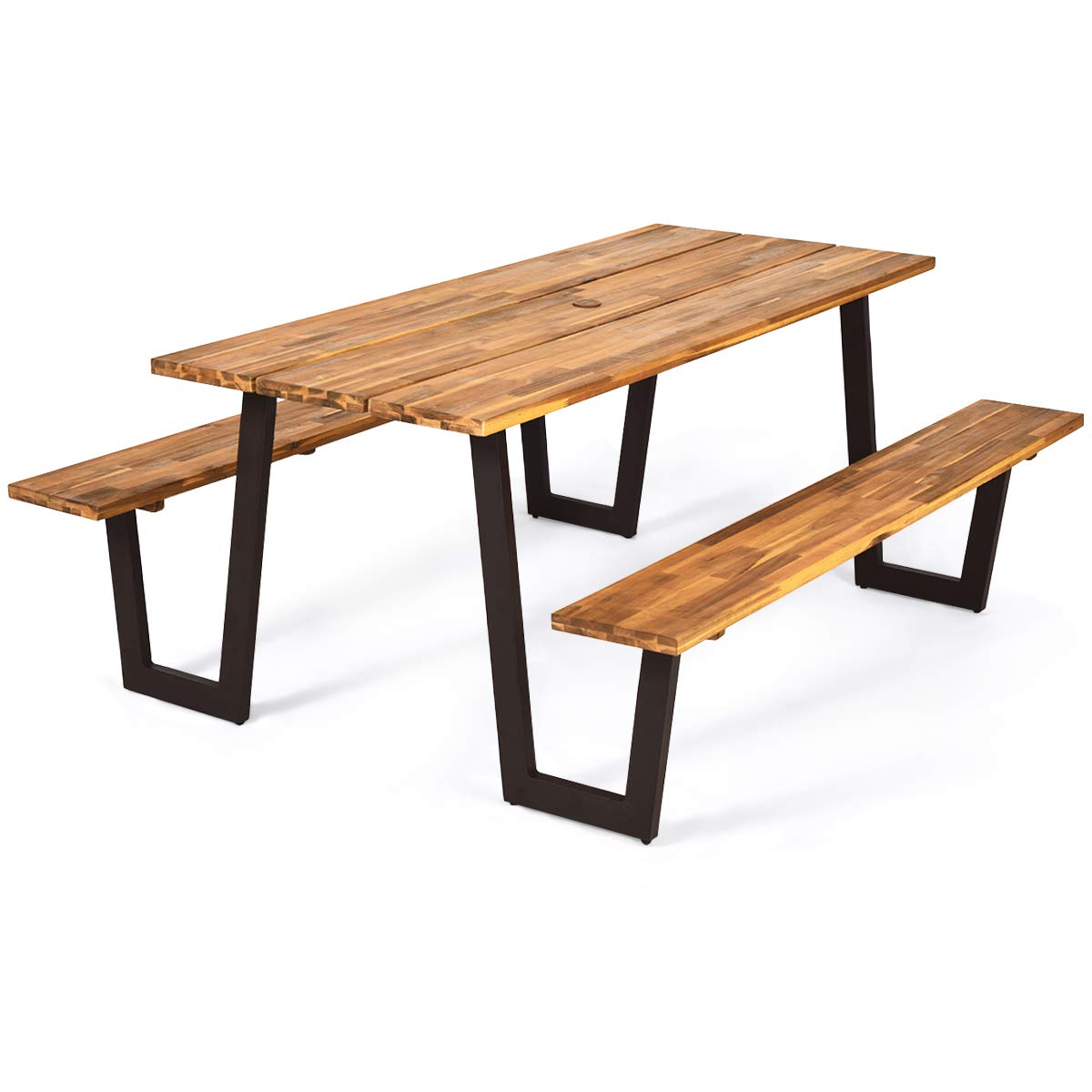 Giantex Picnic Table Bench Set with Umbrella Hole, Outdoor Dining Table Set, 70'' Acacia Wood Picnic Beer Table with Metal Frame Patented