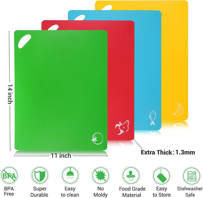 Kitchen Plastic Cutting Board Set, Extra Thick Flexible Non-Slip Chopping Board with Colored Icons, Set of 4