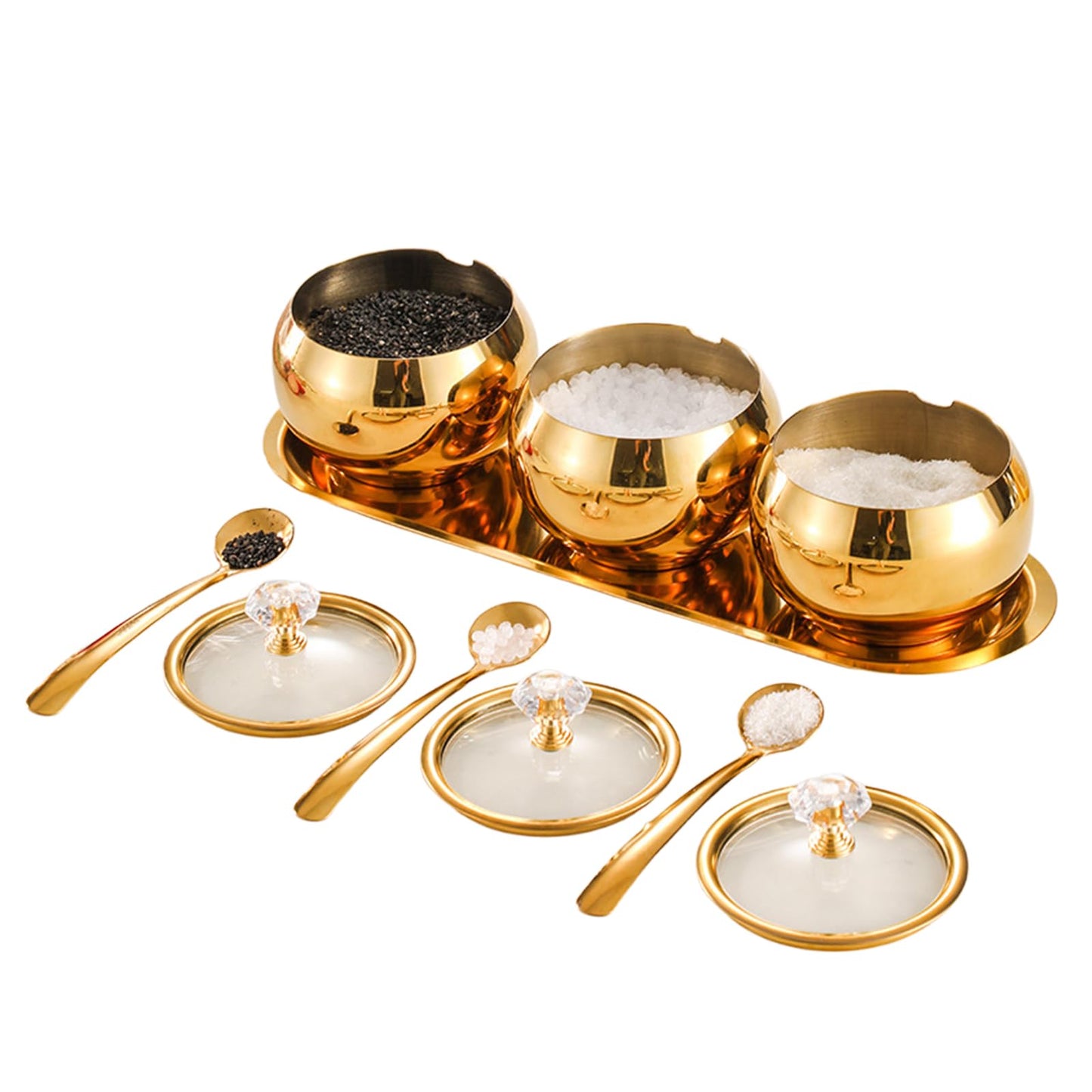 KEJJRIUTN 304 Stainless Steel Seasoning Containers Set, Condiment Jar Spice Container with Lid Spoon and Tray