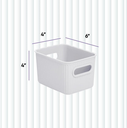 Ribbed Collection Decorative Plastic Storage Bins - Small White Smoke Organizer (4 Pack) for Closet & Drawer