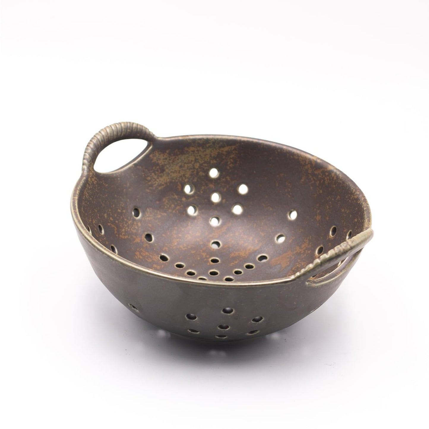 Amitofo 8" Ceramic Berry Colander with Handles, Reactive Glaze Fruit Washing Bowl, Rustic Stoneware Pasta Strainer for Kitchen (Charcoal Grey)