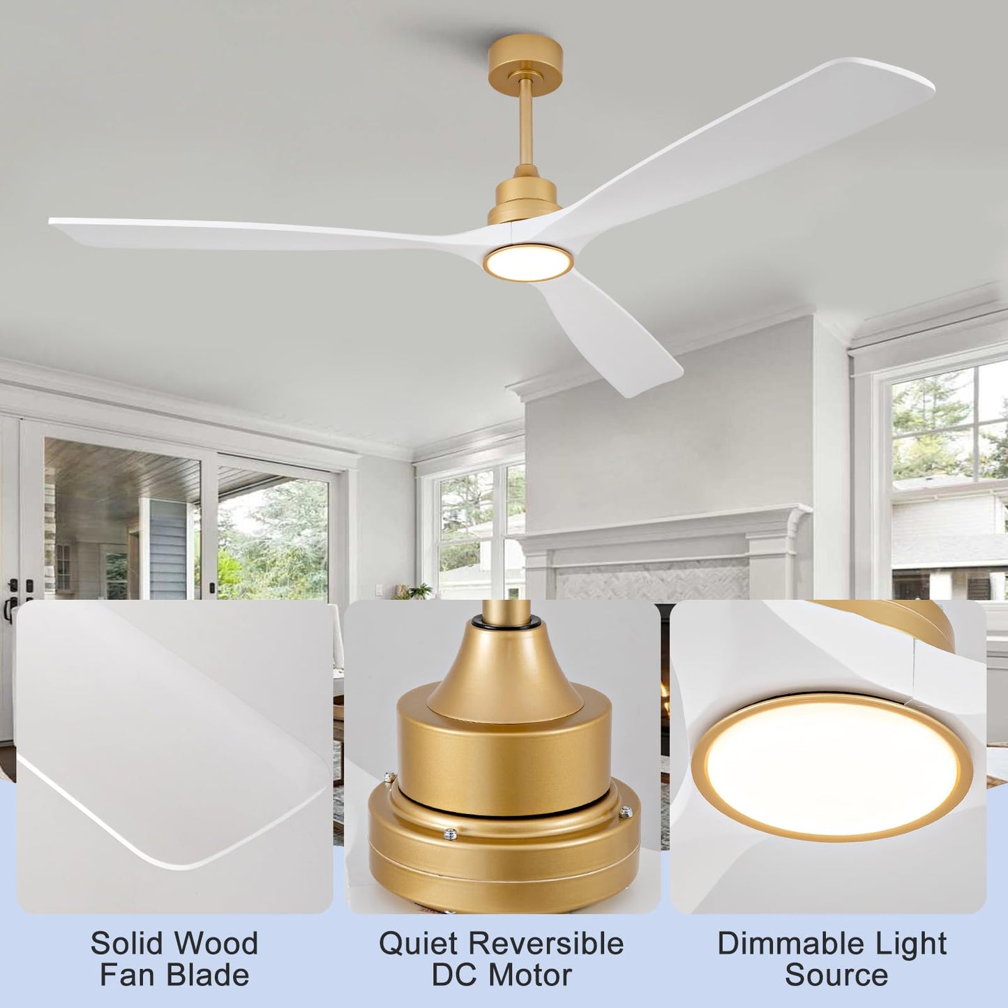 VCQQ 72 Inch Outdoor Ceiling Fans with Lights, Remote Control, Wall Switch, Reversible, Dimmable White and Gold Ceiling Fan with Light, Modern 3 Blade Wood Ceiling Fans for Living Room Patio