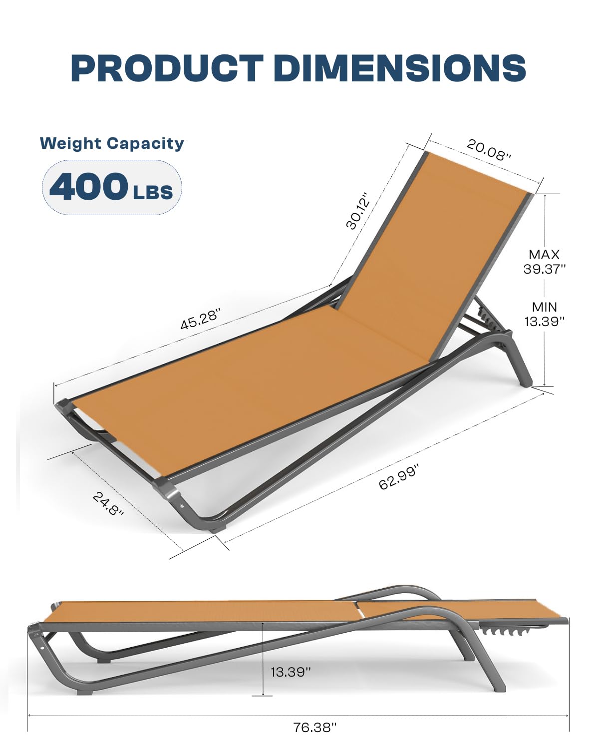 Patio Kingdom 3-Piece Patio Chaise Lounge Set with Side Table, Set of 2 Adjustable Pool Chairs and Aluminum Bistro Table, All-Weather Outdoor Furniture for Pool Deck, Patio & Tanning, Solar Orange