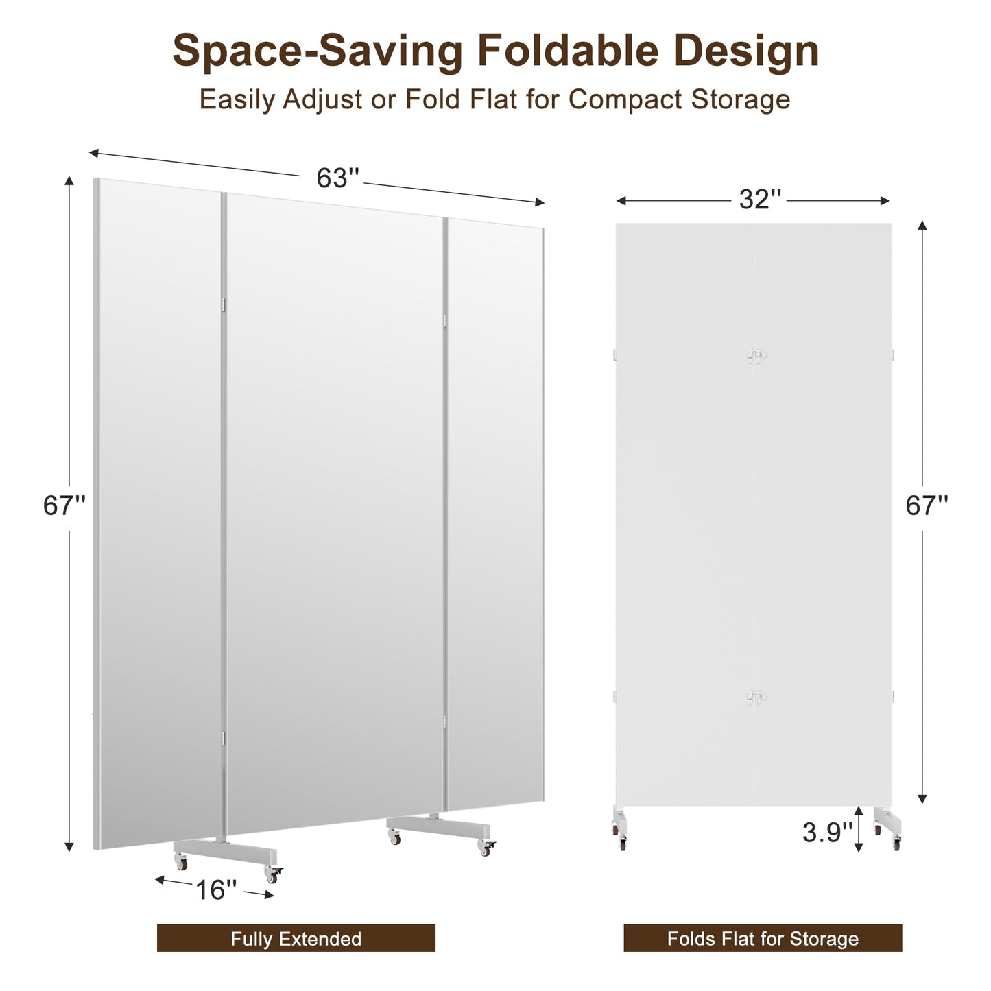 Full Length Stand Up Mirror on Wheels,63''×67'',Large Tri-Fold Floor Mirror with Stand,Movable 3-Way Full Length Standing Mirror for Gym, Dance Studio, Fitness Room, and Home (Silver)