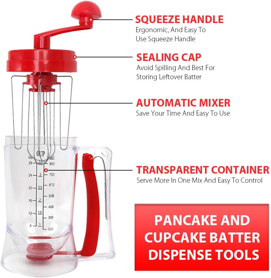 Batter Dispenser 3 In 1 Automatic Pancake & Cupcake Dispenser with Cake Mould, BPA-Free Food-Grade (Red)