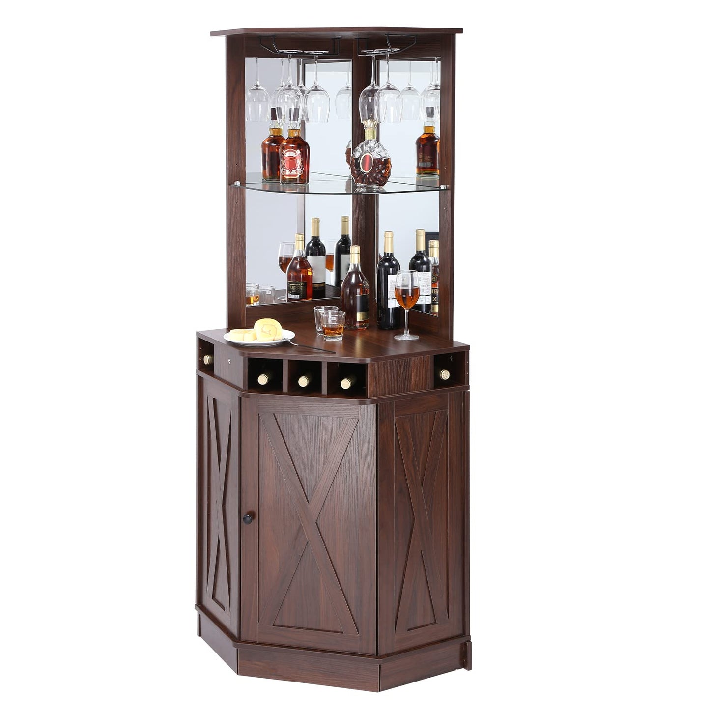 VEVOR Corner Industrial Bar Cabinet, Wine Table for Liquor & Glasses, Sideboard Buffet Cabinet with Glass Holder, Freestanding Farmhouse Wood Coffee Bar Cabinet for Living Room, Home Bar, Black Walnut