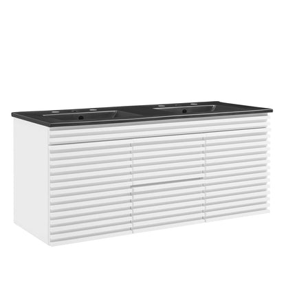 Modway Render 48" Wall-Mount Bathroom Vanity Cabinet with Double Ceramic Sink Basin in White Black