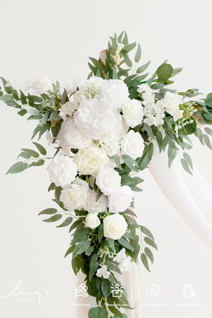 Ling's moment Artificial Wedding Arch Flowers Kit Pack of 4, 2pcs Hanging Silk Flowers Arrangement 2pcs Chiffon Drapes Ceremony Spring Fake Rose Arbor Backdrop White Sage Floral Party Outdoor Decor
