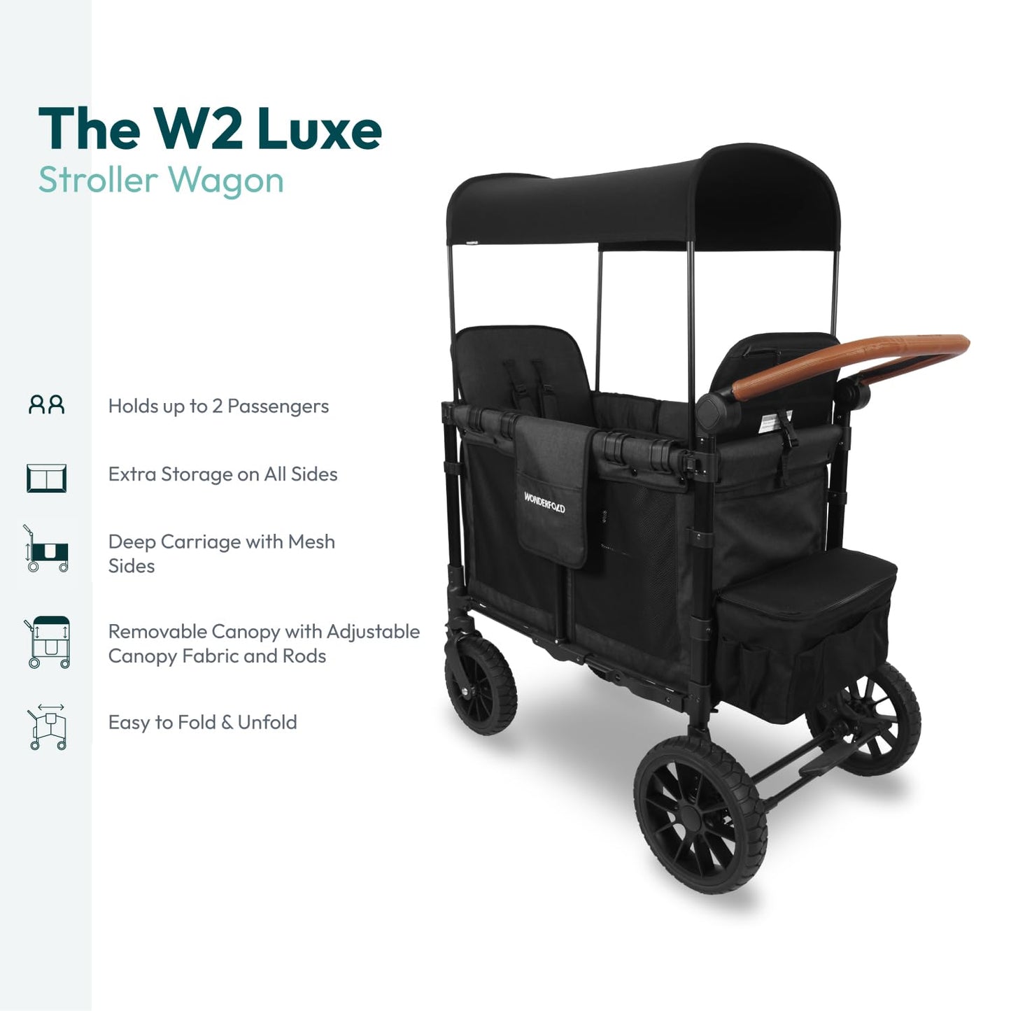 WonderFold W2 Luxe Stroller Wagon - Collapsible Stroller Wagon with Steel Frame - Adjustable Canopy & Push Handle - XL All-Terrain Wheels - for Babies, Toddlers & Kids - 2 Seater - Black