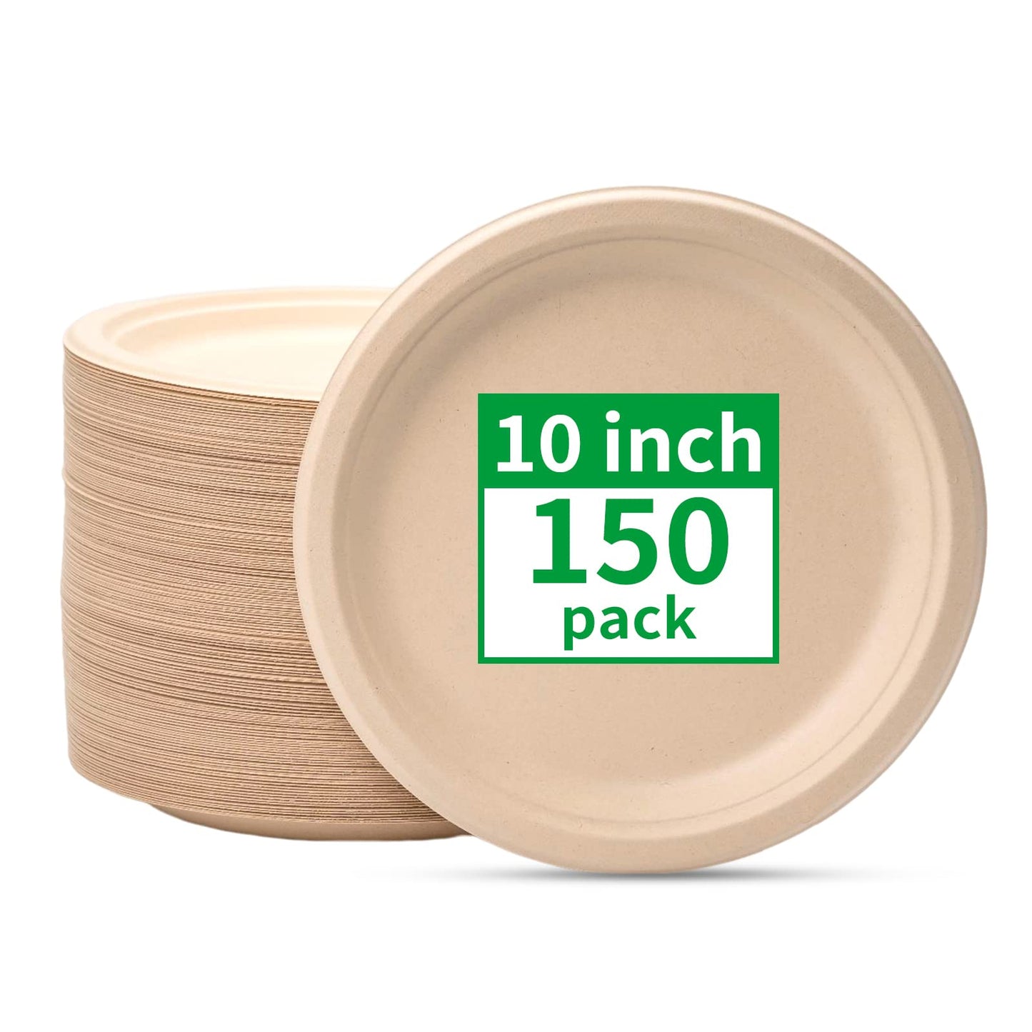 RACETOP Compostable Paper Plates 10 Inch [150 Pack], Disposable Biodegradable Heavy Duty Paper Plates, Made of Natural Sugarcane Fibers, Unbleached Brown, Round