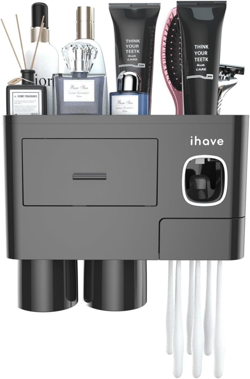 2 iHave Toothbrush Holders for Bathrooms, Cups Toothbrush Holder Wall Mounted with Toothpaste Dispenser - Large