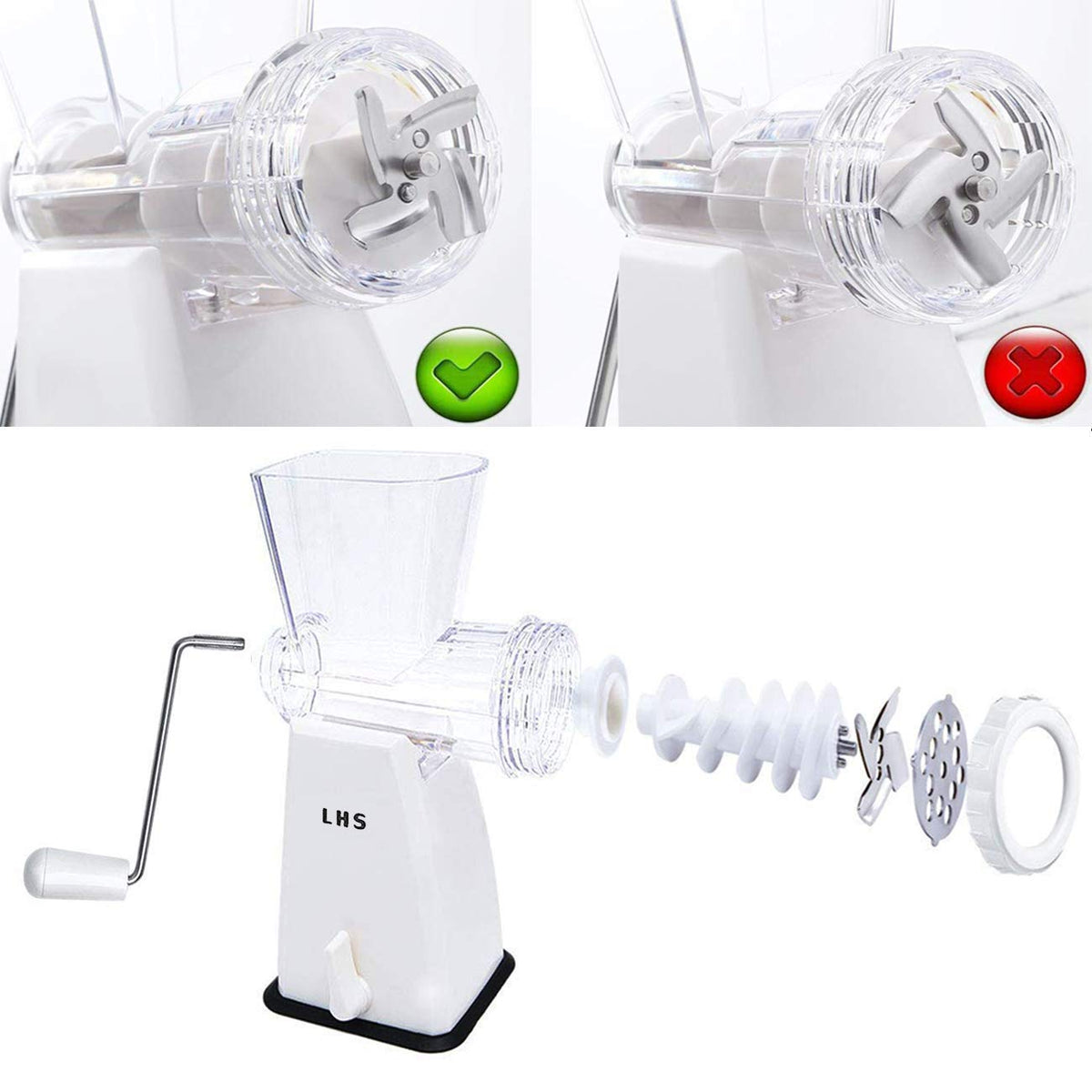 LHS Manual Meat Grinder with Stainless Steel Blades Heavy Duty Powerful Suction Base for Home Use Fast and Effortless for All Meats-White