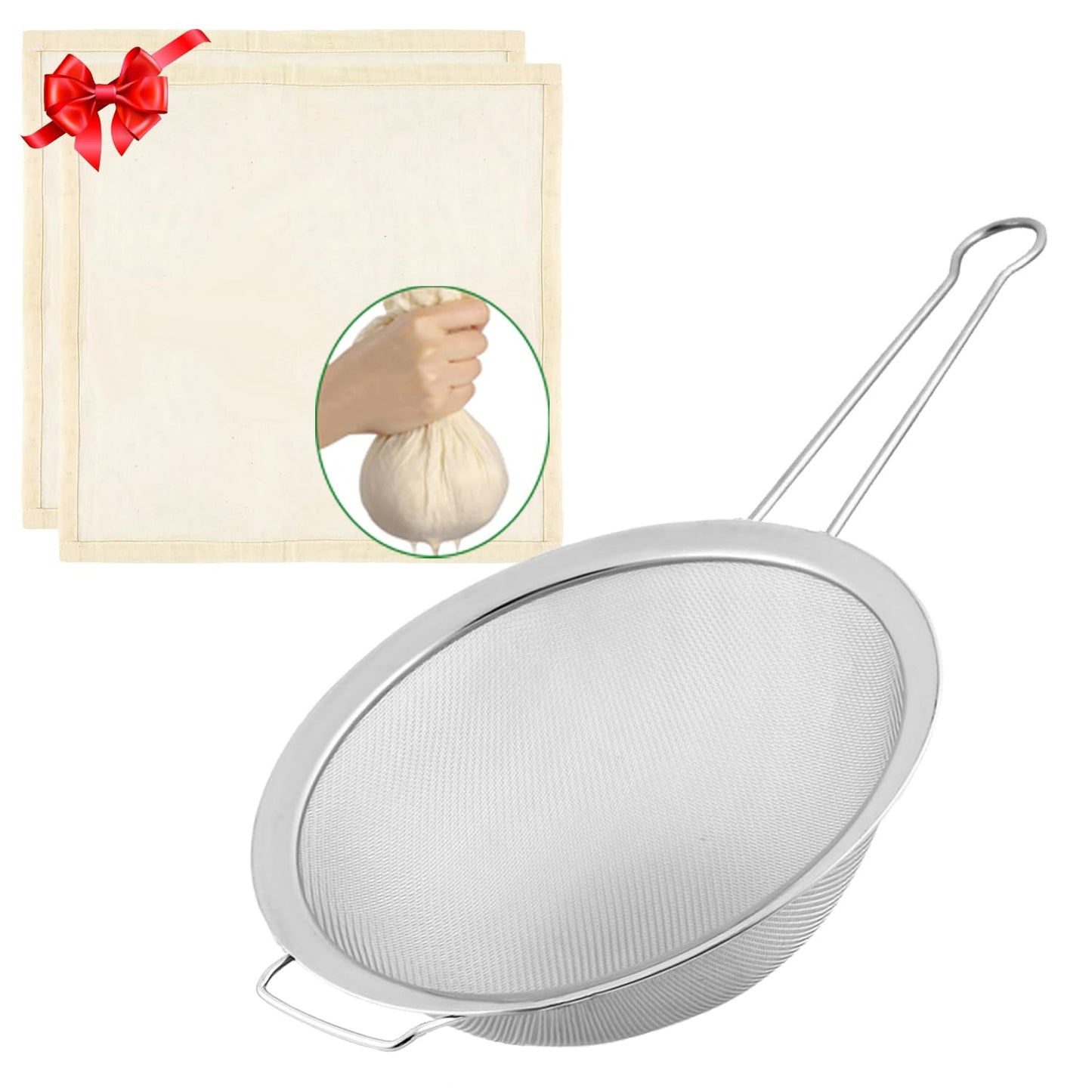 Tonbbow Large Fine Mesh Strainer with Sturdy Handle, 8.66” Stainless Steel Strainers, Bonus 20x20 Inch Reusable Cotton Cheese Cloths with 4 Hemmed Edges, Sieve Sifter for Straining, Cooking, Baking