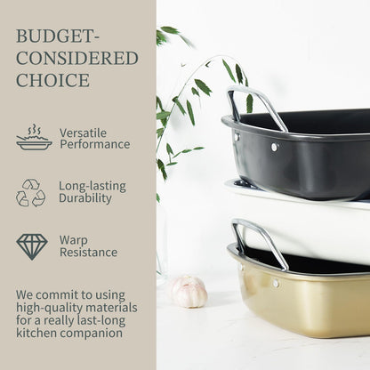 KITESSENSU Large Roasting Pan with Rack - 25 LB Nonstick Turkey Roaster Pan for Oven - Heavy Duty Carbon Steel Roasting Pan with Wider Handles for Chicken, Vegetables & Holiday Meals, Cream