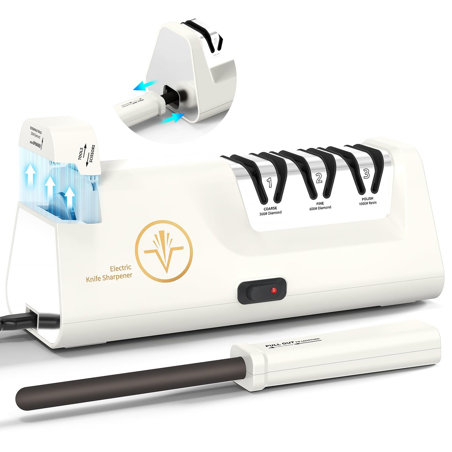 Professional Electric Knife Sharpeners with Diamond Abrasives and Precision Angle Guides, Multifunctional 4-Stage Slots and a hidden Knife Sharpener Rod, Suitable for various knives, scissors, axes ﻿