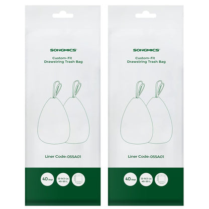 SONGMICS Trash Bags for 12-14.5 Gallon (45-55L) Trash Cans,80 Count Drawstring Kitchen Garbage Bags, Pre-Separated, Liner Code 055A01, 2 Rolls,White UKRB055A02