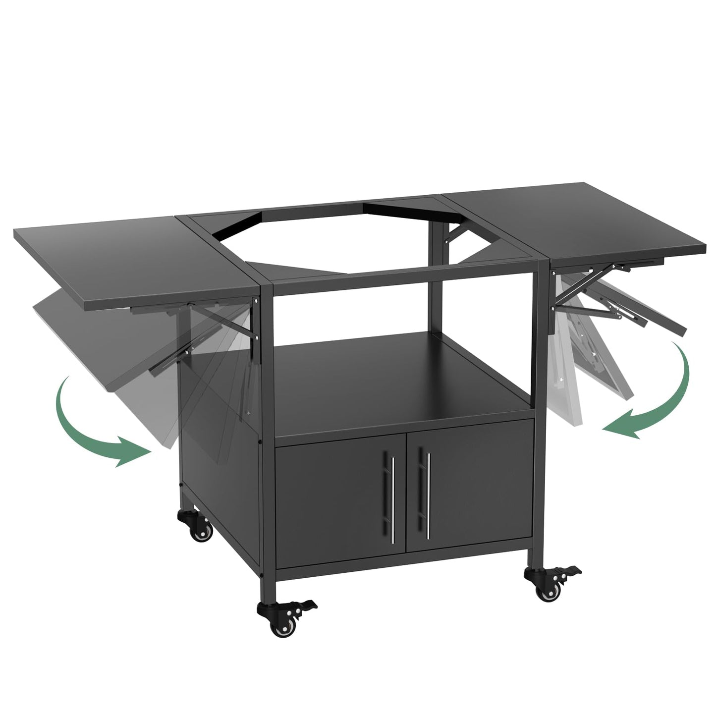 Heavy Duty Outdoor Grill Table for Dual Big Green Eggs, 304 Stainless Steel Prep Station with Storage Cabinet, 4 Swivel Wheels, Foldable Side Shelves, Fits Kamado Joe 18" & Ceramic Grills, M