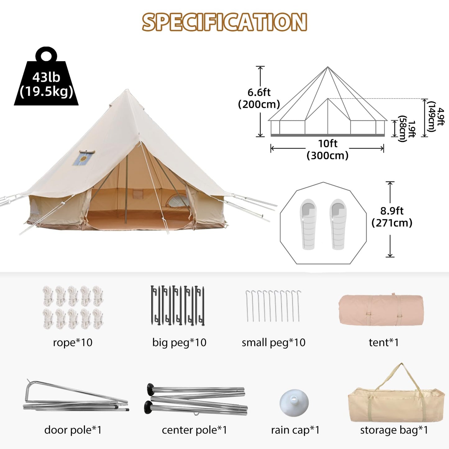 Canvas Bell Tent for Camping, 4-Season Yurt Tent with Stove Jack, All Year Living Glamping Tent for 4–6 Person, Sturdy Shelter for Family Camping & Backyard (13.1ft/4m)