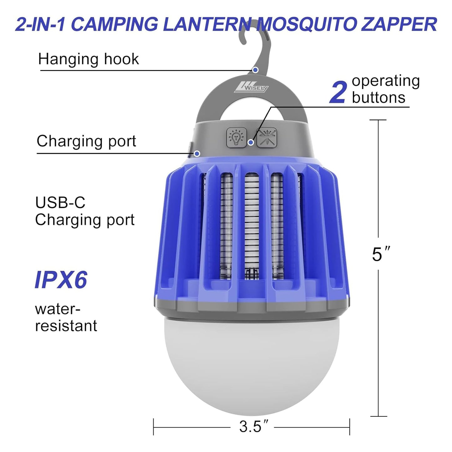 Wisely Bug Zapper Outdoor/Indoor Electric, USB-C Rechargeable Mosquito Killer Lantern Lamp, Portable Insect Electronic Zapper Indoor Trap, with LED Light 2PK