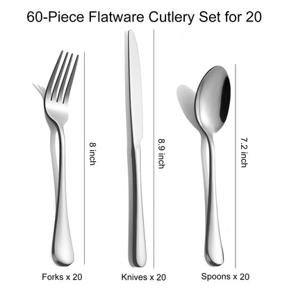 60-Piece Silverware Set for 20 - Stainless Steel Flatware Cutlery Set, Mirror Polished Flatware Set Include Forks Spoons Knives for Home Wedding Restaurant, Dishwasher Safe, Silver, 60 PCS