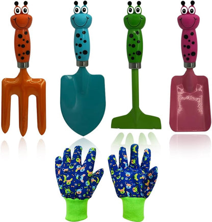 Set: 4 1 Kids Gardening Tools Gloves Cute Shovel Spade for Kid Garden Work with Toddler Gloves for Teen Boy Girls