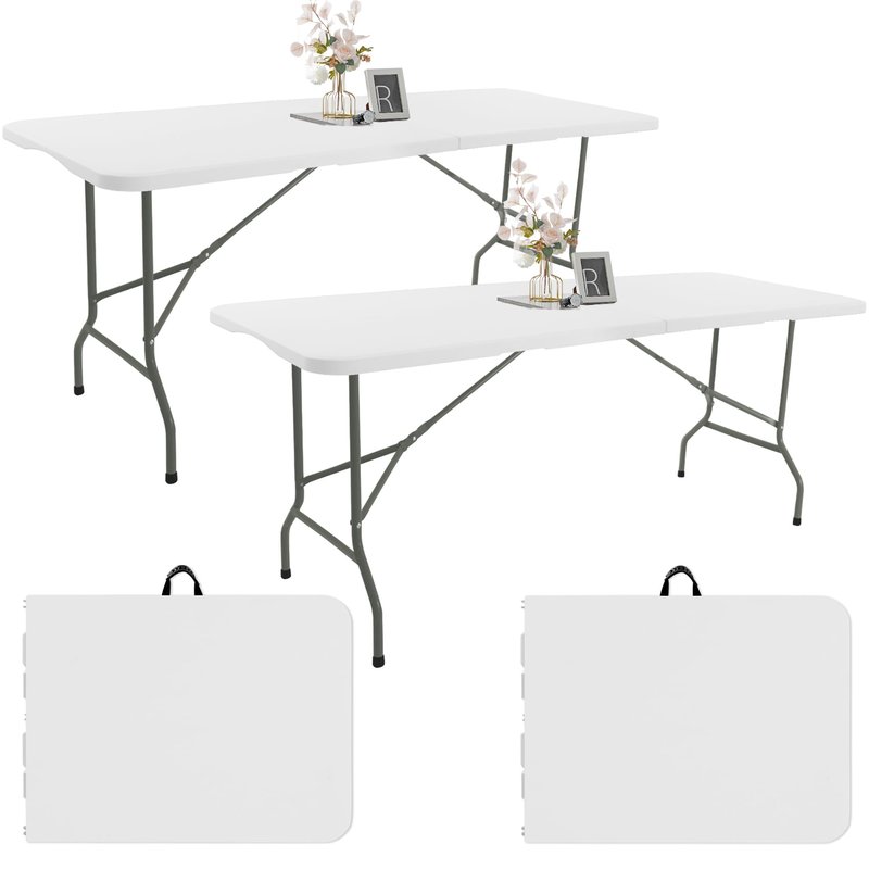 Fivenl 2 Pack 6 FT Folding Tables White Foldable Table, Fold-in-Half with Carrying Handle Portable Plastic Rectangular Table for Party, Dining, Wedding, Camping, Picnic, Indoor Outdoor Events