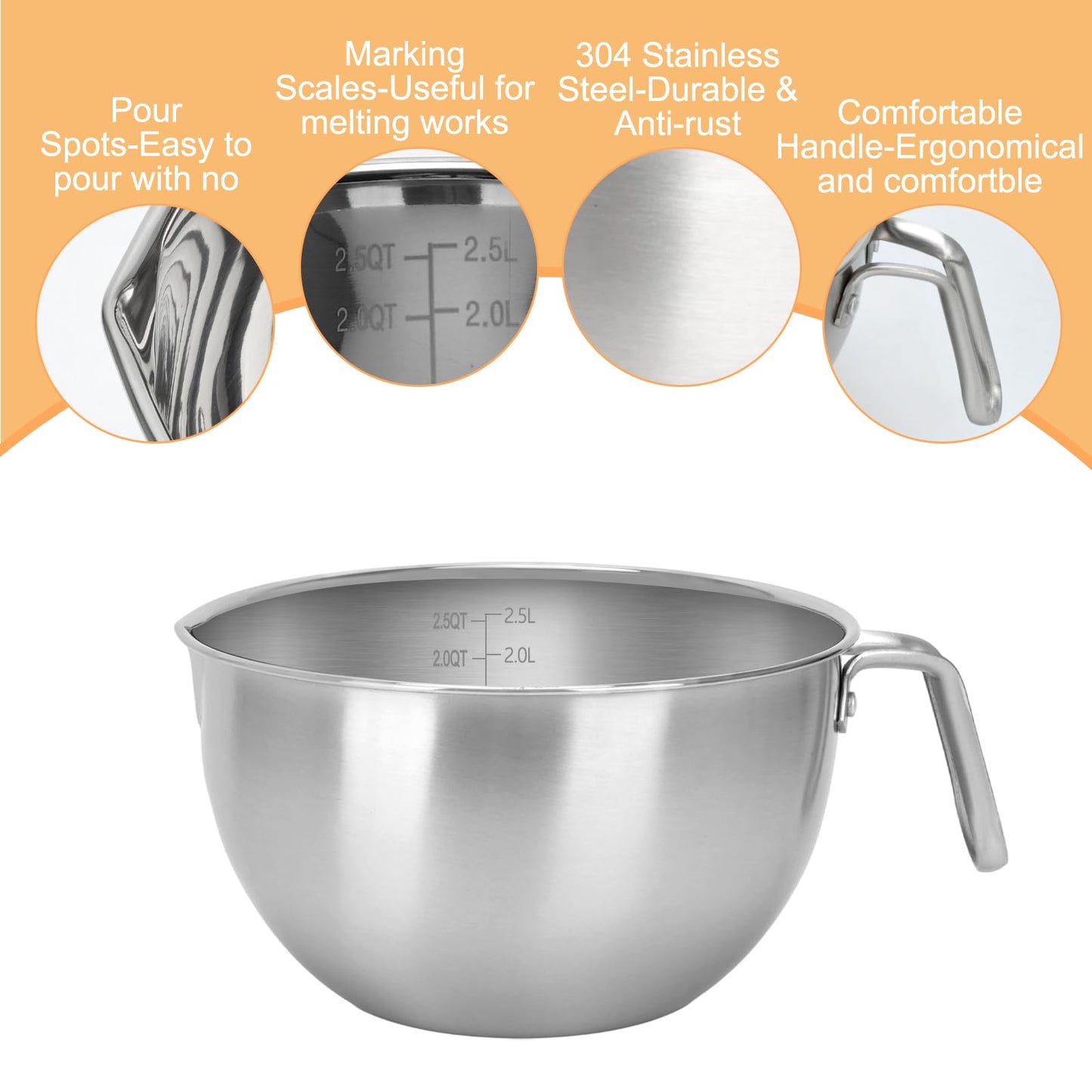 3PCS Double Boiler Pot Set, 2500ML/2.3QT Mixing Bowl with Scale 4000ML/ 3.6QT Stainless Steel Heating Pot with Silicone Spatula for Cheese Chocolate Candy Candle Soap Wax Melting (2500ml+4000ml)