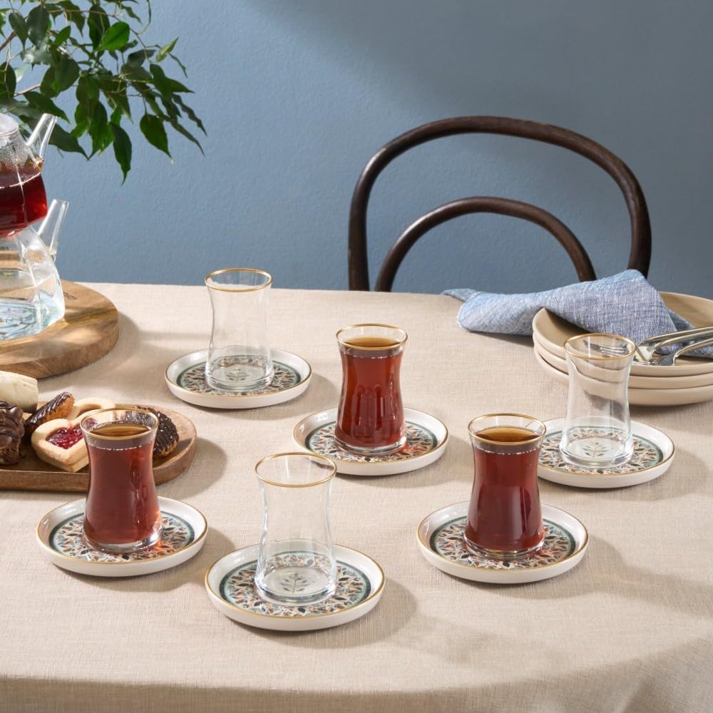 12-Piece Set 6 KARACA Clara Multicolor Turkish Tea Glass & Saucer Elegant Multicolour Design for People