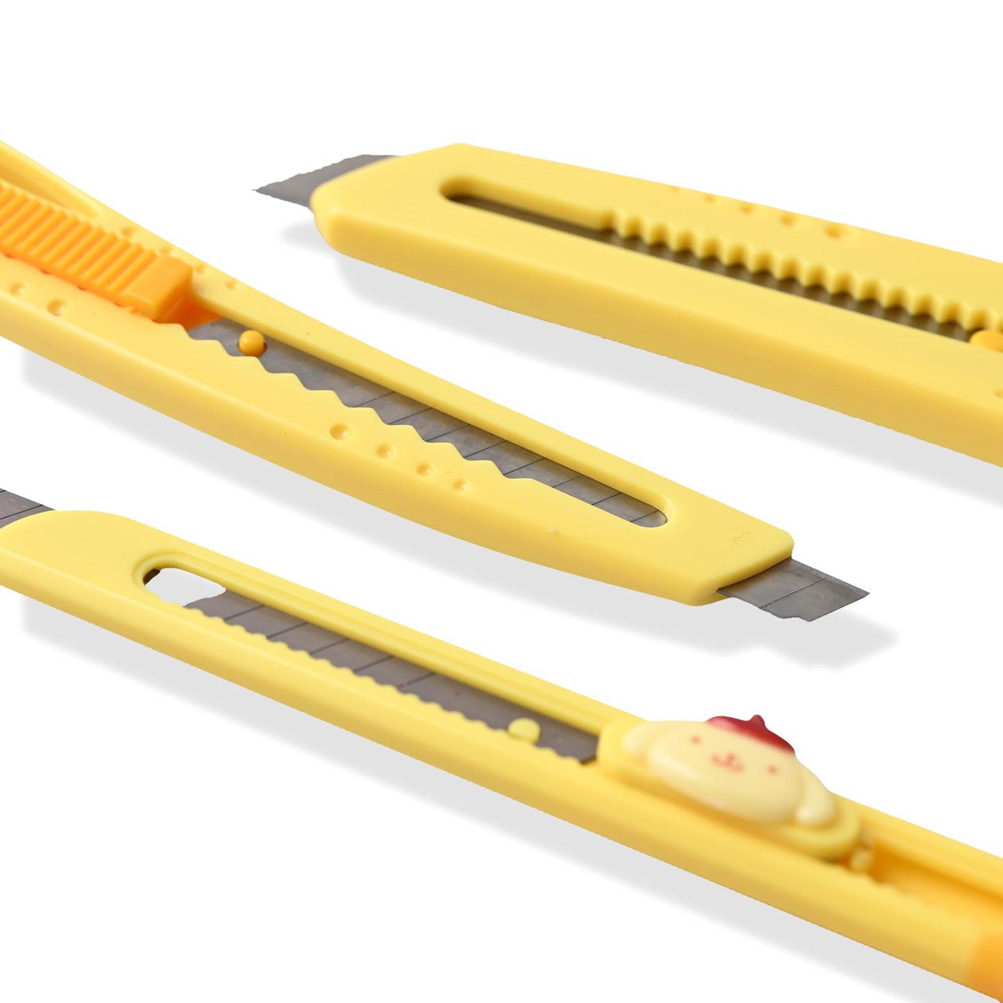 Cute Utility Knife Box Cutters Set - Retractable 3 Sizes Small/Medium/Large - Kawaii Design with Textured Grip - Multi-Purpose Cutter for Paper, Craft, Box Opener (Pompom-Puin)