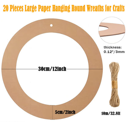 20 Pieces Large Hanging Round Wreaths 12Inch Cardboard Wreath Rings for DIY Crafts Paper Round Circle Christmas Hanging Ornaments Decorations with Hole Twine for Wedding Christmas Valentines Day Decor