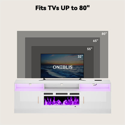OneBlis 70" Fireplace TV Stand with Power Outlet, Electric Fireplace Entertainment Center with Storage Cabinets, Fits TVs up to 80", TV Console with LED Lights for Living Room, Office, White-White