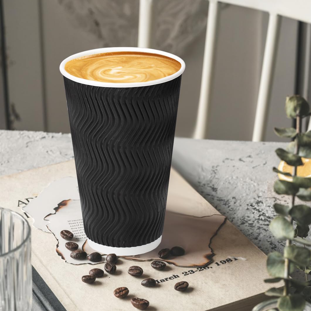 BYSNOW 100 Pack 16 oz Coffee Cups with Lids, Disposable Insulated Hot Cups To Go Paper Coffee Cups, Corrugated Ripple Wall Cup for Hot Drink, Office, Coffee Bar (Black 16 oz)