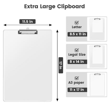 Macroclo Extra Large 11x17 Clipboards, Plastic Clear Drawing Boards, Horizontal Clip Board, Vertical Layout. Suitable for Watercolor, Sketching, Painting. Art & Drafting Supply(Pack of 6)