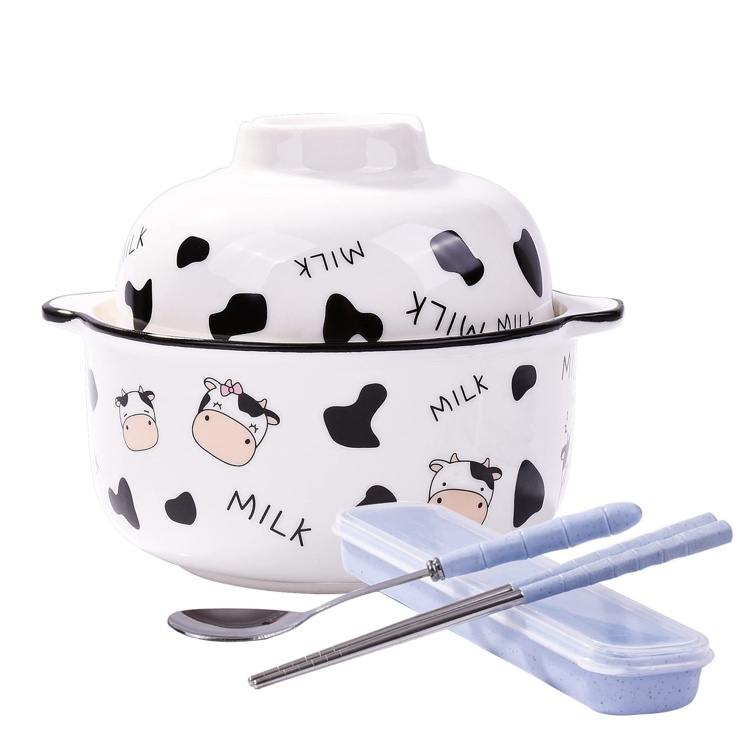 BOSILI Ceramic Bowl Set with Lid Chopsticks and Spoon 23.6 OZ Perfect for Soup Ramen Noodles and More Microwave Safe